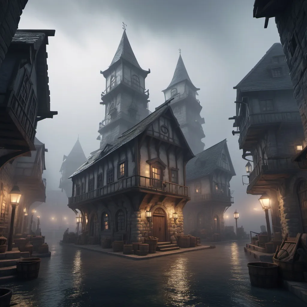 Prompt: Large port city trade center, stone buildings, settlement, foggy, dramatic fantasy settlement scene, cinematic lighting