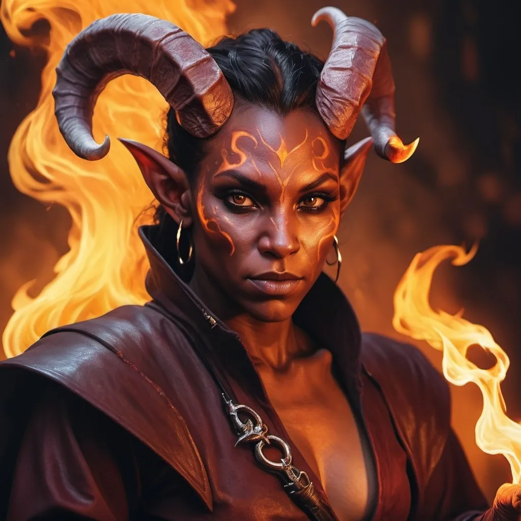 Prompt: hyper-realistic an evil Tiefling character with fire hands and a deadly gaze, fantasy character art, illustration, dnd, warm tone