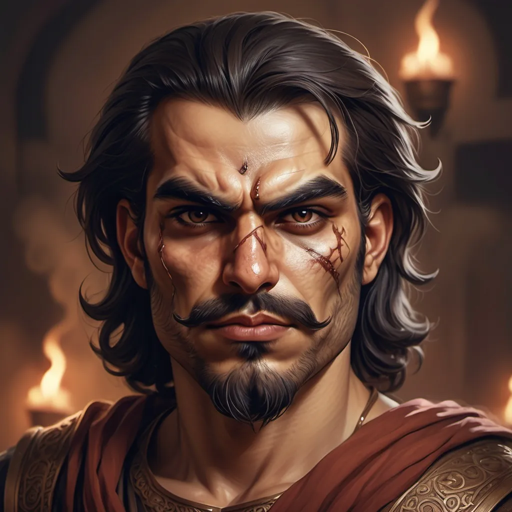 Prompt: hyper-realistic  several evil looking Persian men with scars on their cheeks,  fantasy character art, illustration, dnd, warm tone