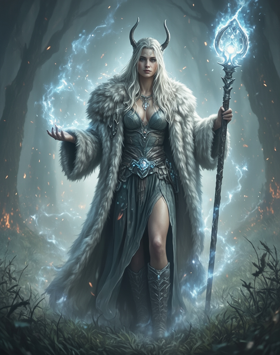 Prompt: full body shot front view of Fantasy art style Tall viking woman, lightly clothed in soft fur magical energy flowing around her. She is holding a magical staff face to viewer, background is a suitable beautiful scene