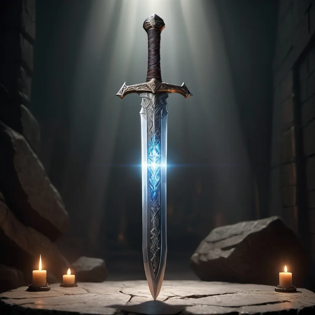 Prompt: hyper-realistic long sword surging with magical  lighting energy, Dwarven inscriptions, character, D&D