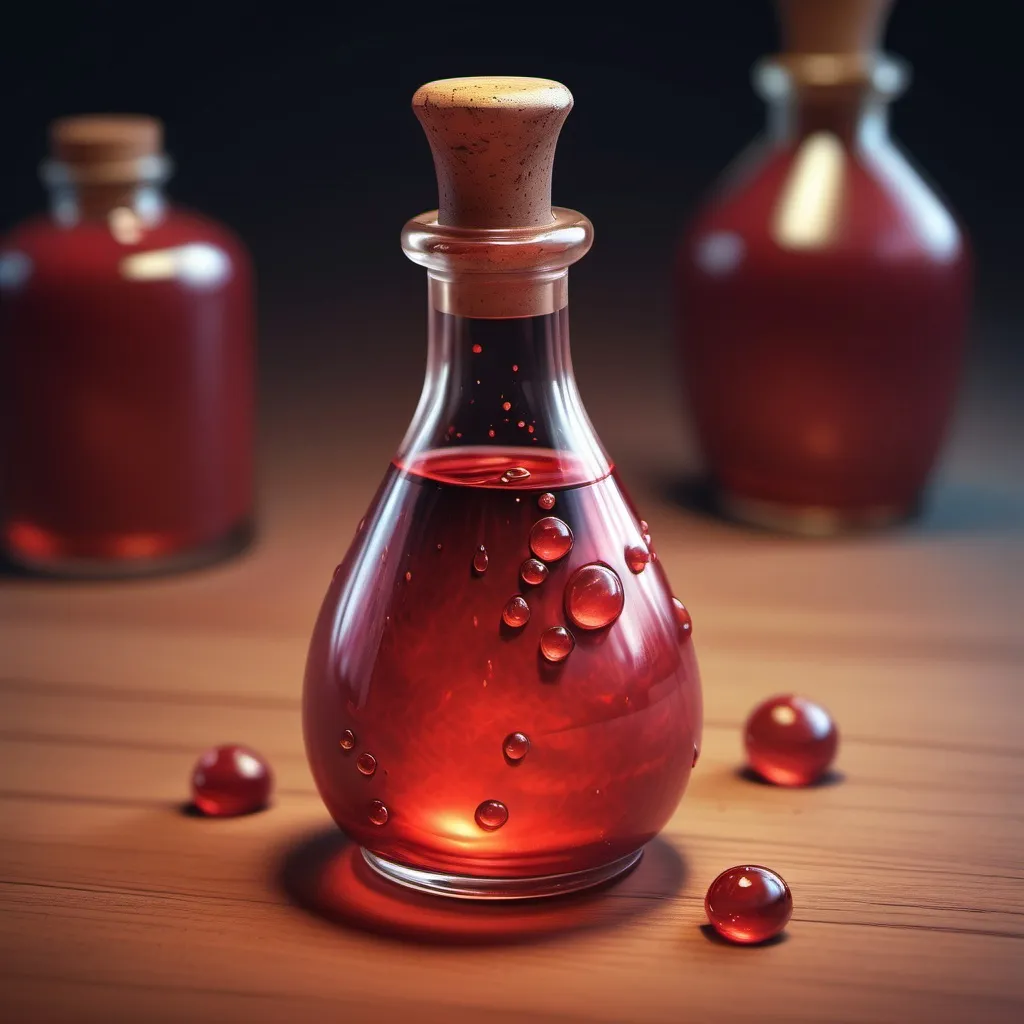 Prompt: hyper-realistic Potion of Minor healing, tear drop bottle red in color, fantasy character art, illustration, dnd, warm tone