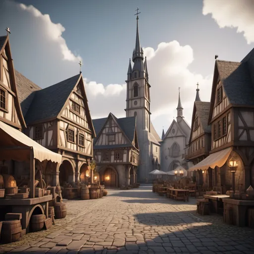 Prompt: small settlement, town square with a cathedral and a town hall, stone streets, wooden buildings, dramatic fantasy settlement scene, cinematic lighting