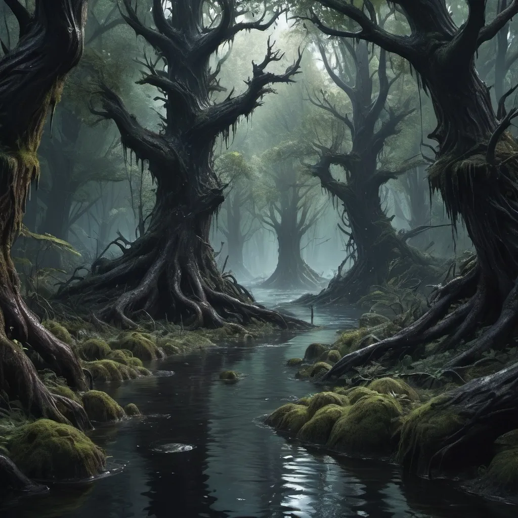 Prompt: Hyper-realistic dark dense forest covered in oil and disease, large dark river, fantasy character, D&D