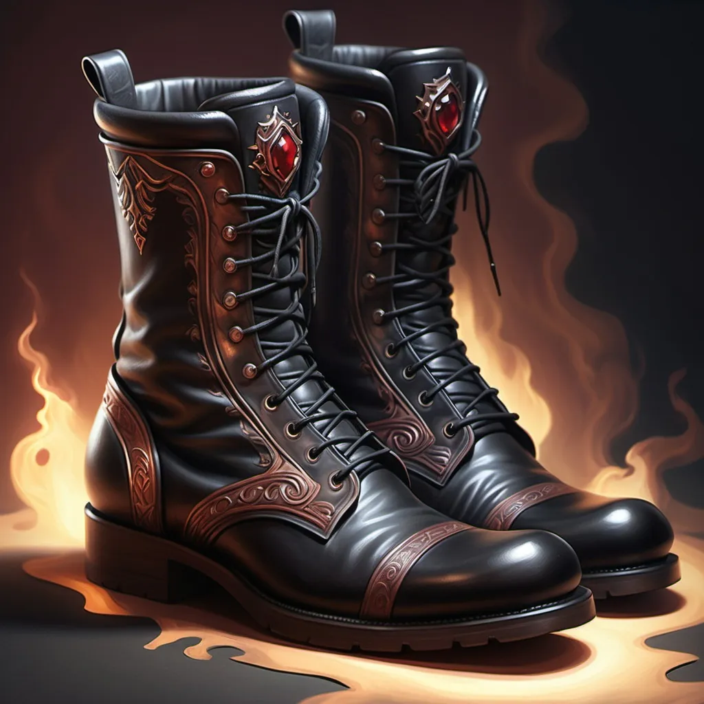 Prompt: hyper-realistic Enchanted black Leather men's rouge boots, fantasy character art, illustration, dnd, warm tone