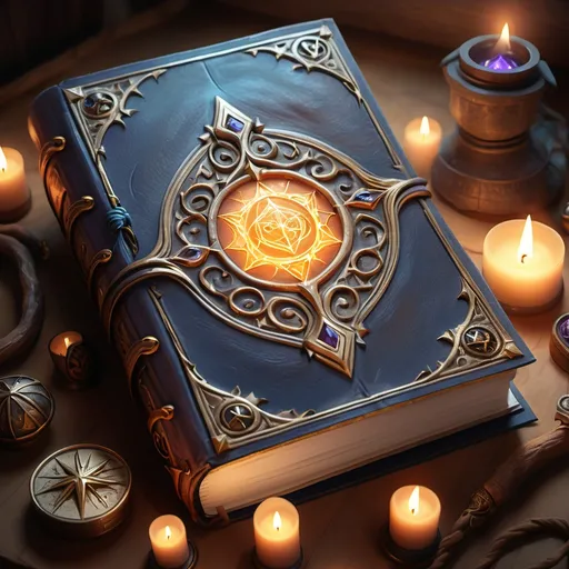 Prompt: hyper-realistic enchanted spellbook, fantasy character art, illustration, dnd, warm tone