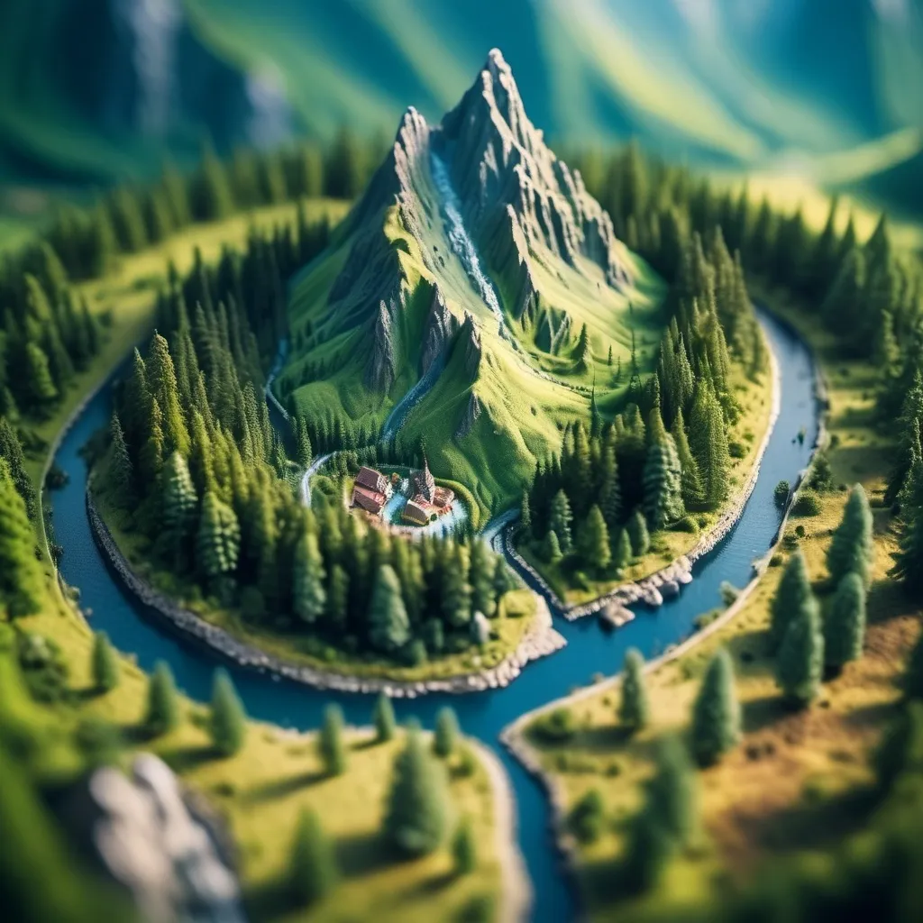 Prompt: aerial view, tilt-shift, isometric miniature world, detailed landscape world render with a lush forest leading to a tall mountain, fantasy art, medieval setting 