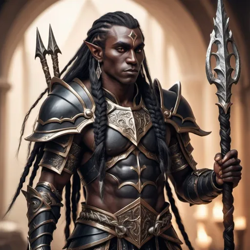 Prompt: hyper-realistic black elf warrior chief with long braided hair, fancy armor holding a warrior staff fantasy character art, illustration, dnd, warm tone