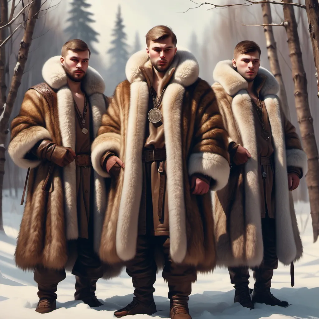 Prompt: hyper-realistic  Group of Russian men in furs, fantasy character art, illustration, dnd, warm tone