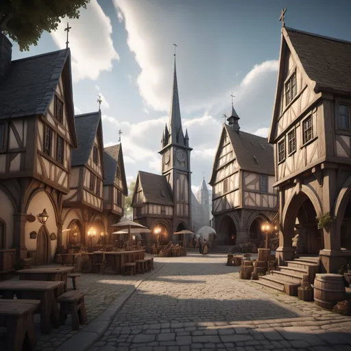 Prompt: small settlement, town square with a cathedral and a town hall, stone streets, wooden buildings, dramatic fantasy settlement scene, cinematic lighting