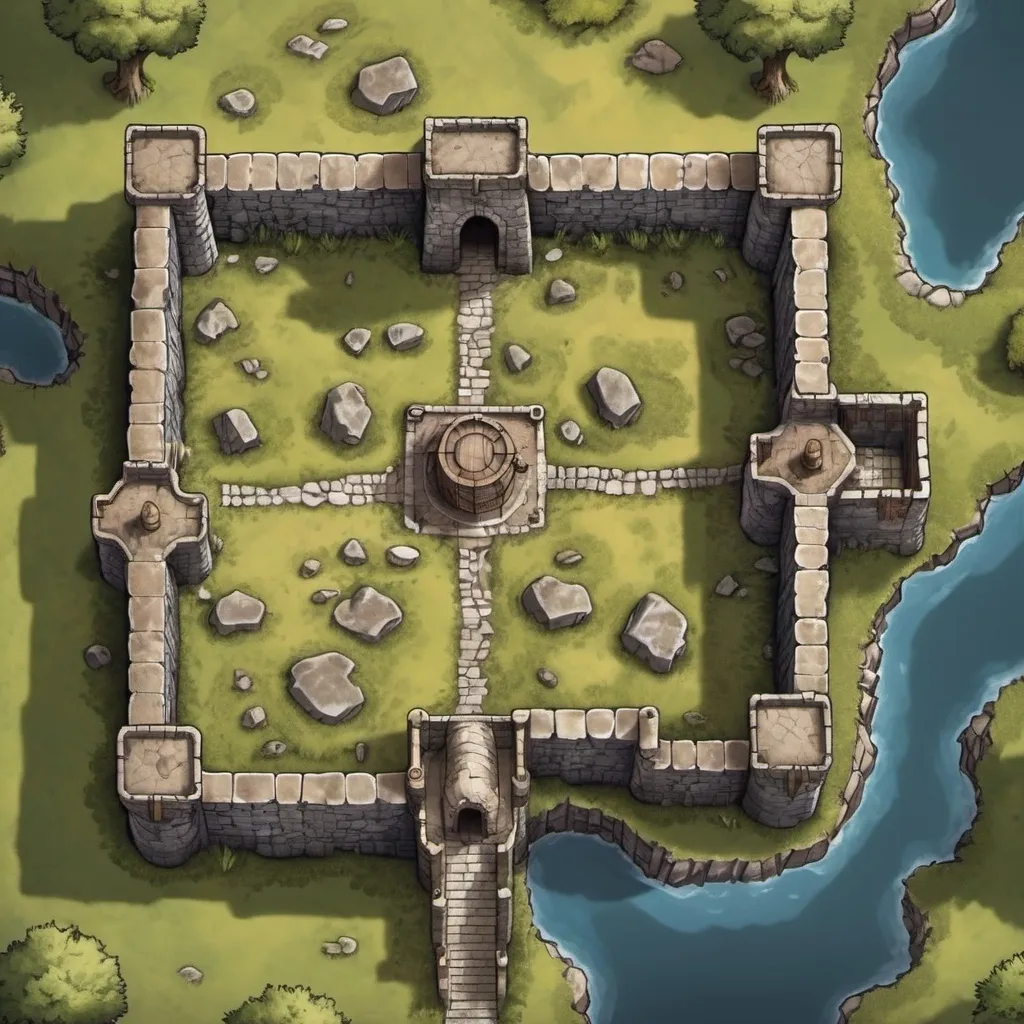 Prompt: A top-down map of an old stone fort, 2d dnd battlemap, highly details, 8k