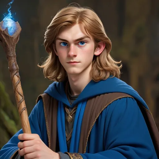 Prompt: 16 to 18 years old wizard with blue robes no beard and light brown hair. He holds a wooden staff.