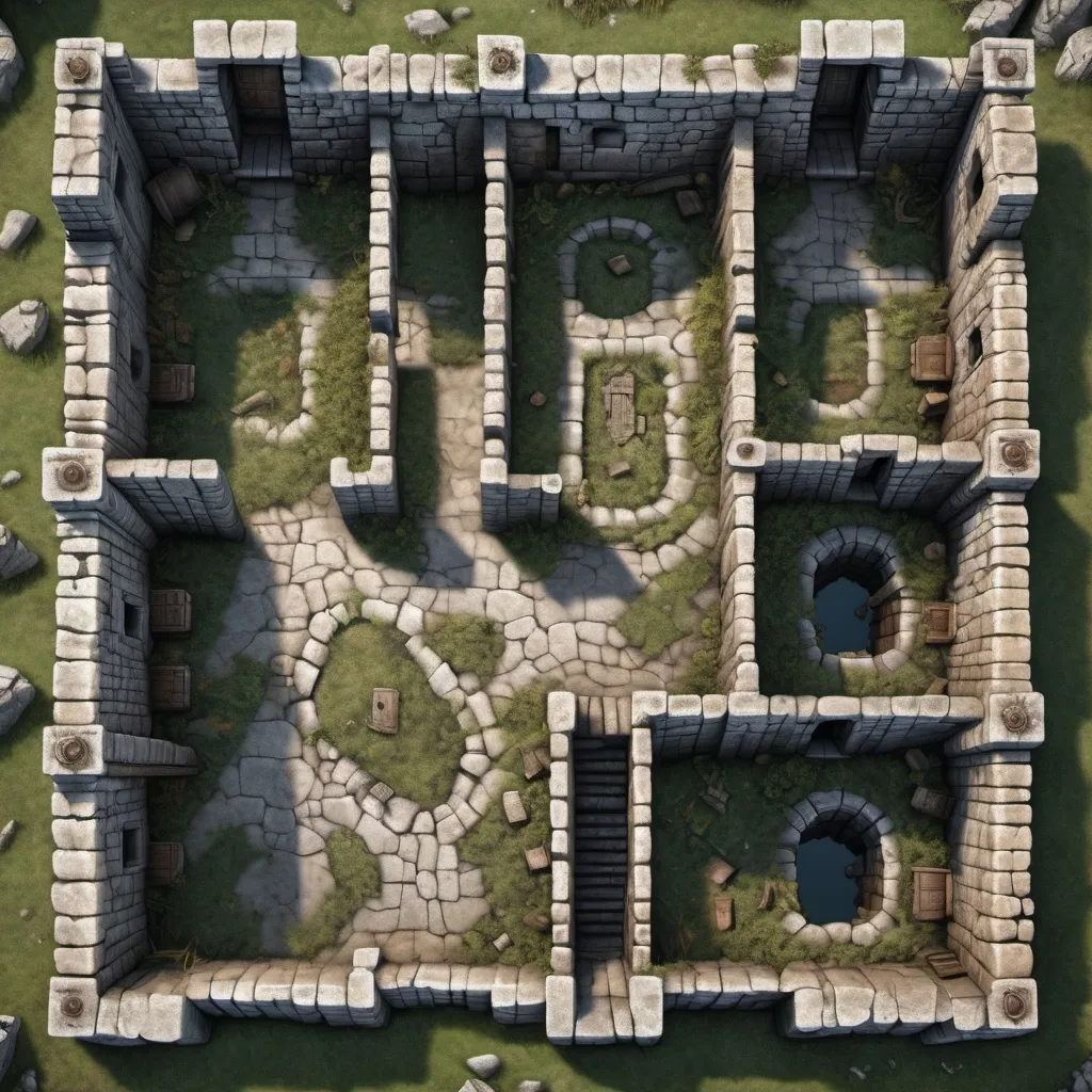 Prompt: A top-down hyper realistic map of an stone ruins with several rooms, 2d dnd battlemap, highly detailed, 8k