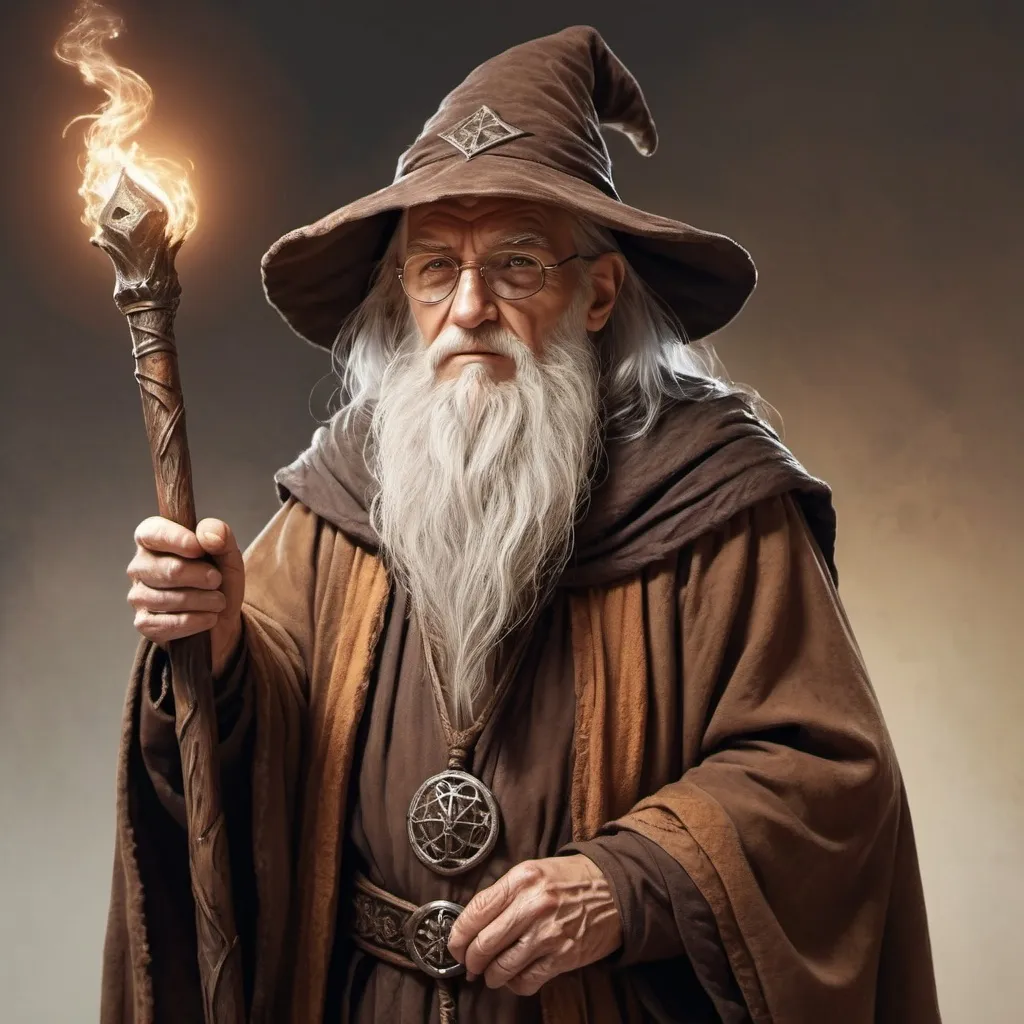 Prompt: hyper-realistic old wizard with worn brown robes, old powerful staff, fantasy character art, illustration, dnd, warm tone