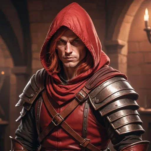 Prompt: hyper-realistic Rouge with red hairand a long pointed nose. Middle-aged with fancy leather armor and a hood. Throwingknivesat his belt, fantasy character art, illustration, dnd, warm tone