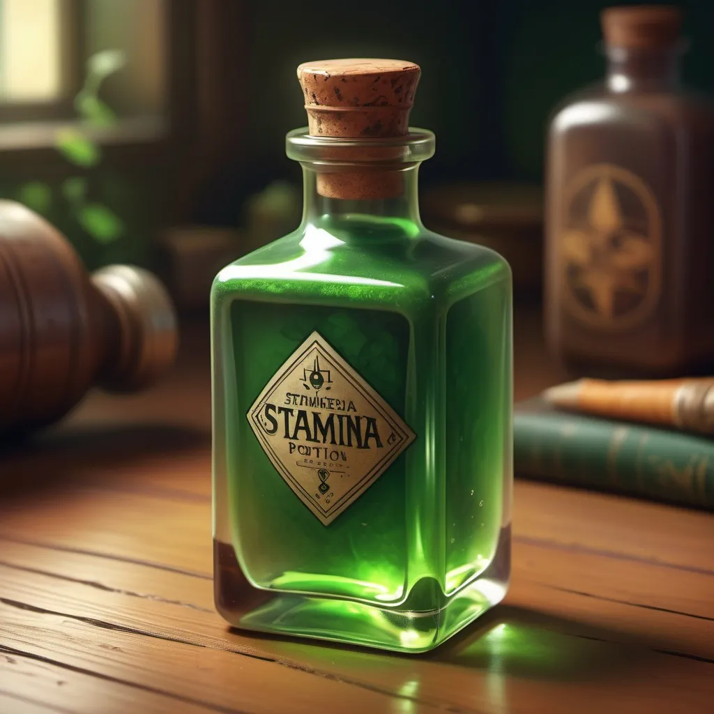 Prompt: hyper-realistic Potion of Stamina, square bottle green in color, fantasy character art, illustration, dnd, warm tone