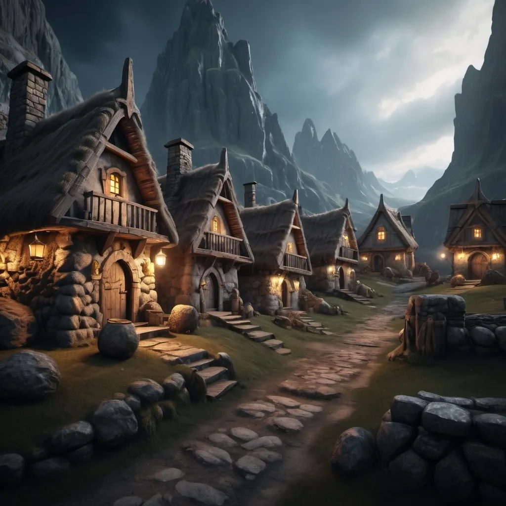 Prompt: small Dwarven village stone houses, dramatic fantasy settlement scene, cinematic lighting