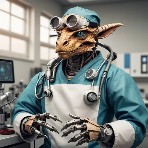 Prompt: hyper-realistic robotic dragonborn, wearing goggles, scrubs and a surgeon's cap, in a robotics laboratory, fantasy character art, illustration, dnd, warm tone