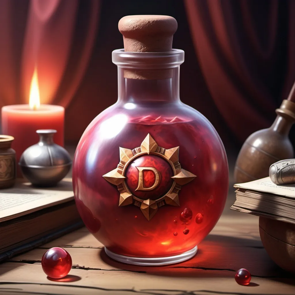 Prompt: hyper-realistic large potion of ultimate healing, large red potion, fantasy character art, illustration, dnd, warm tone