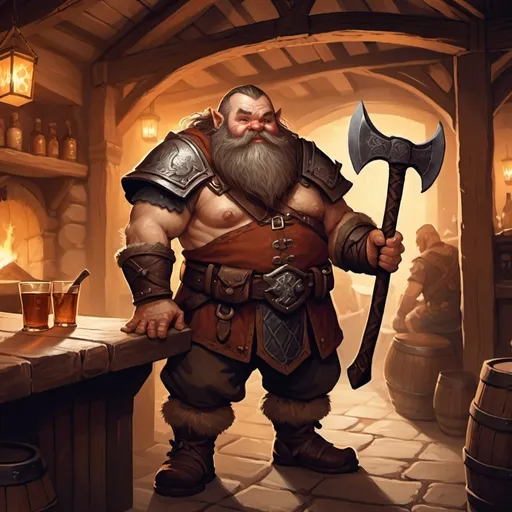 Prompt: dwarf character holding an axe in a tavern , fantasy character art, illustration, dnd, warm tone