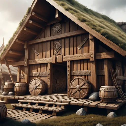 Prompt: hyper-realistic viking longhouse, outside view fantasy character art, illustration, dnd, warm tone