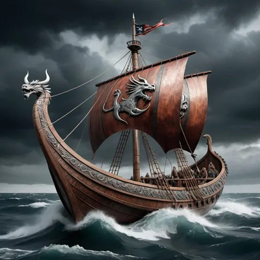 Prompt: Hyper-realistic viking ship with a dragon carved into the bow and the sails out in a stormy sea. Put a row of shields along the side of the ship and on one of them put the Dallas cowboys star in the center. Pain the others different colors.