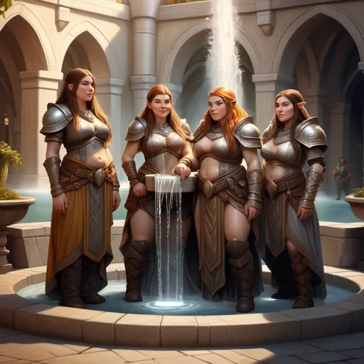 Prompt: hyper-realistic  Group of Dwarven women near a fountain, fantasy character art, illustration, dnd, warm tone