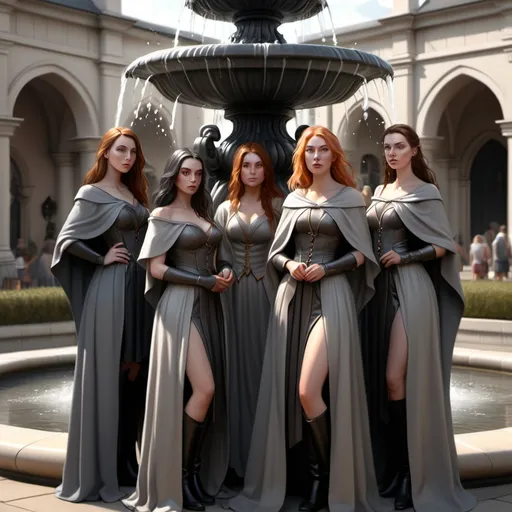 Prompt: hyper-realistic  Group of English women in front of a fountain, grey cloaks, fantasy character art, illustration, dnd, warm tone