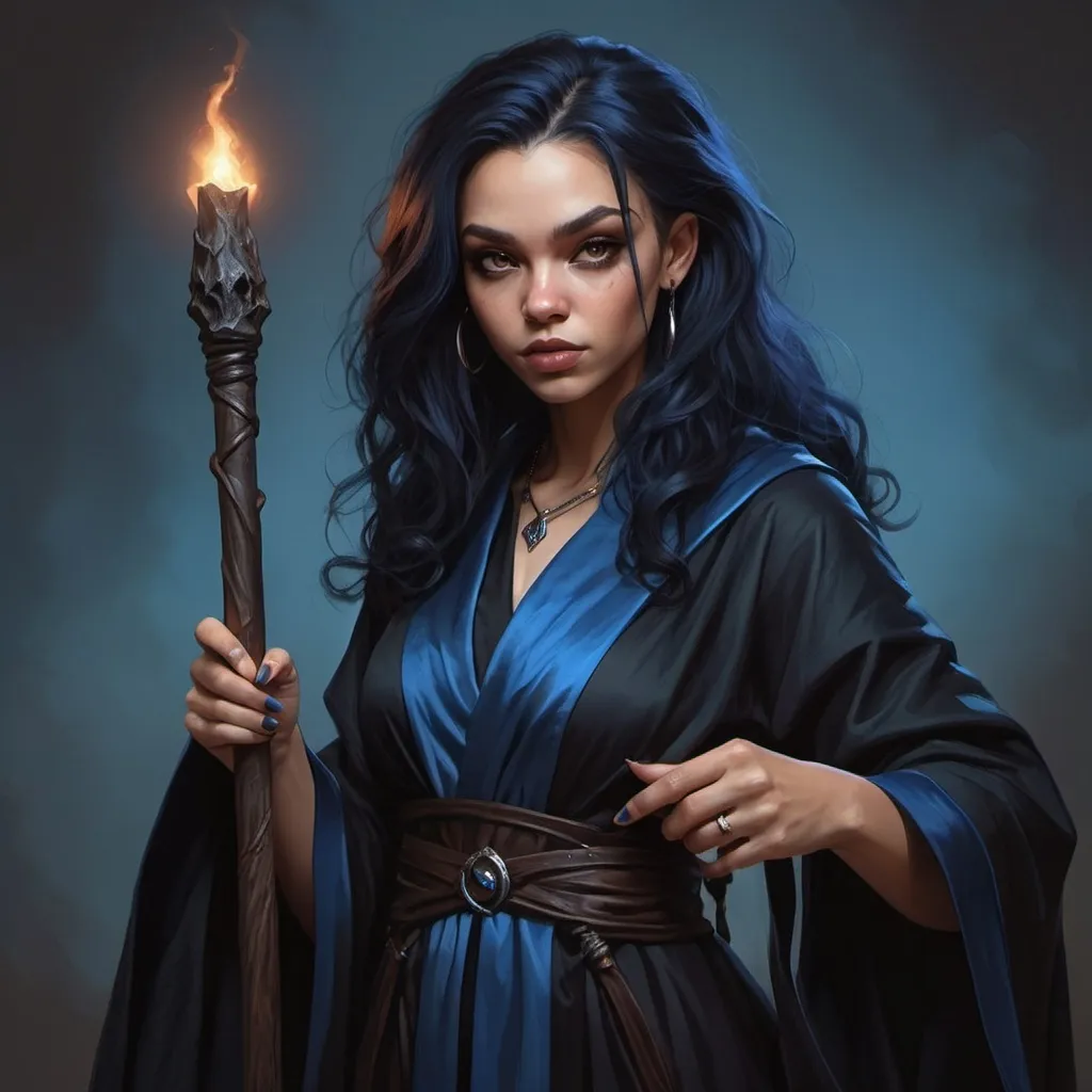 Prompt: hyper-realistic dark witch in her 20's. Black and blue robes.  Light skin, Powerful dark staff illustration, dnd, warm tone