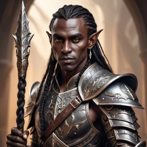 Prompt: hyper-realistic black elf warrior chief with long braided hair, fancy armor holding a warrior staff fantasy character art, illustration, dnd, warm tone