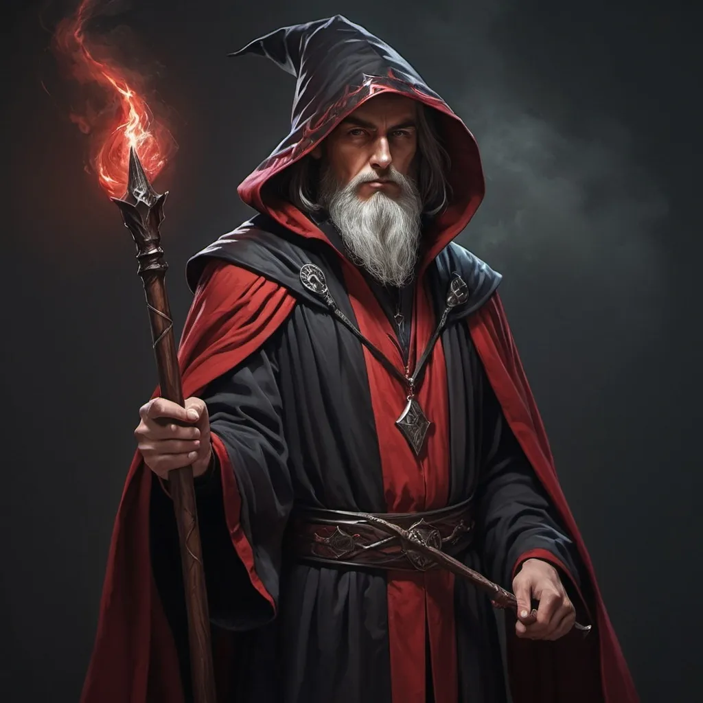 Prompt: hyper-realistic dark wizard in his 20's. Black and red robes. Powerful dark staff illustration, dnd, warm tone