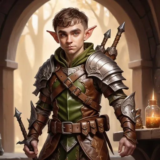 Prompt: hyper-realistic halfling elf in fancy leather armor, he has a utility belt with potions and daggers, he is holding a fantasy sword fantasy character art, illustration, dnd, warm tone