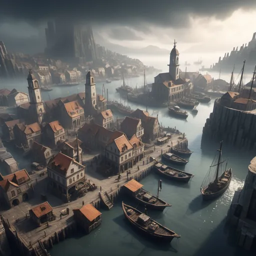 Prompt: Large port city with a harbor, stone buildings, settlement, foggy, dramatic fantasy settlement scene, cinematic lighting