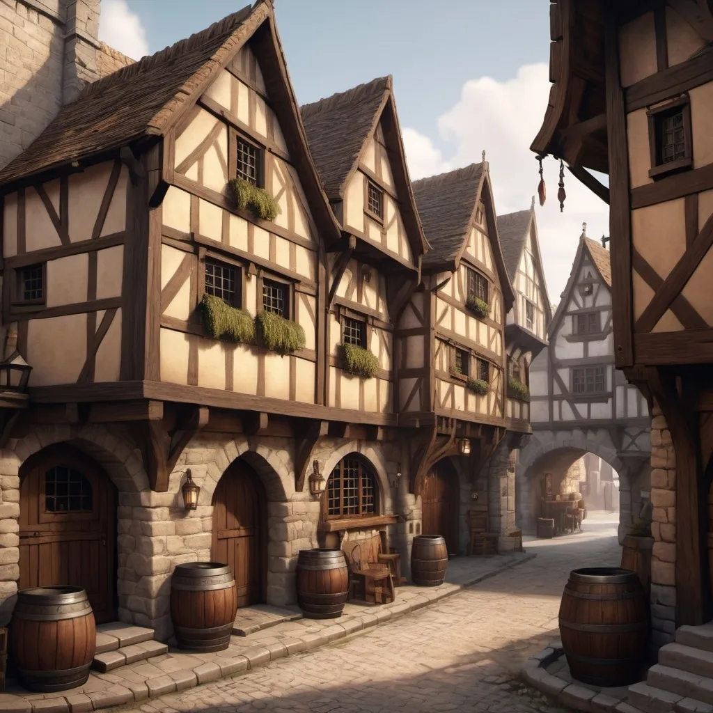 Prompt: hyper-realistic medieval town with some small inns and taverns, fantasy character art, illustration, dnd, warm tone