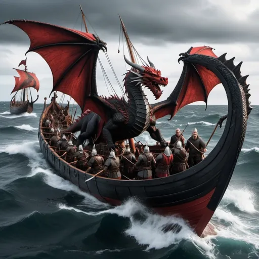 Prompt: Hyper-realistic red and black dragon fighting vikings in longships on the open ocean. 