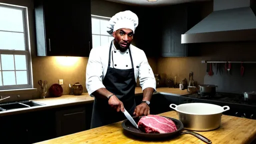 Prompt: There is a bald(very short bit of hairgrowth in it) head black chef standing calmly with a ferocious look at the kitchen. The camera angle should be on mid level facing the man. He should watch the viewer of the image directly. He wears a grey colour dust stained and meat stained chef cap. He is wearing a white shirt and a black apron with strains in it. He should cutting the raw meat with a big chef's knife. The lighting treatment of the image was lowkey. But not very lowkey. Its happening on a day time. Fix lighting according to that. The table must be with texture of the dark wood. There is lot of vegitables in the right side of the table. Raw meat and bones on the left. On the left of the table there should be stove that flames a 1 feet height fire. There should be a pan on it that produces smoke. There should be little bit of smoke around the kitchen. Fill up the background with kitchen properties. I don't want my frame to be empty. Add lot of properties. I don't want the walls empty write some deadly quotes and draw something regarding cooking. With dark shade colours in it. Add an old stained fridge on the background. And add some small pepper and other powder containers at the left edge of the table.  Generate the image at the cinemascope size. it should be hyper realistic.