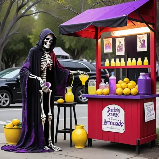 Prompt: The grim reaper in purple and red with tight brush strokes selling lemonade at a black stand with lemons. A skeleton dog sit at his side