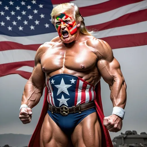 Prompt: A heroic muscular Trump with American flag and codpiece standing with fist clenched