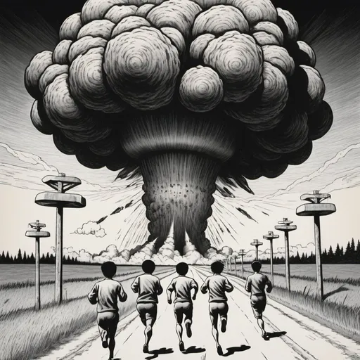 Prompt: Junji Ito style drawing of people running from a nuclear bomb explosion 