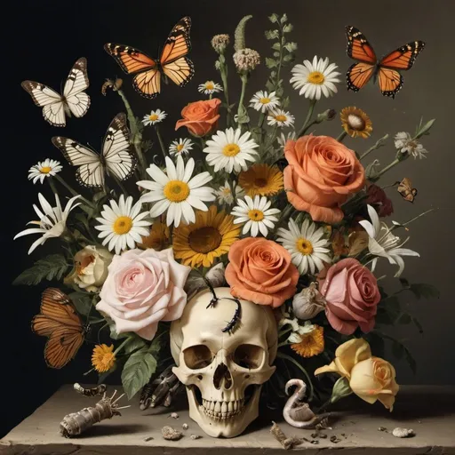 Prompt: A bouquet of flowers, bones butterflies and a maggot