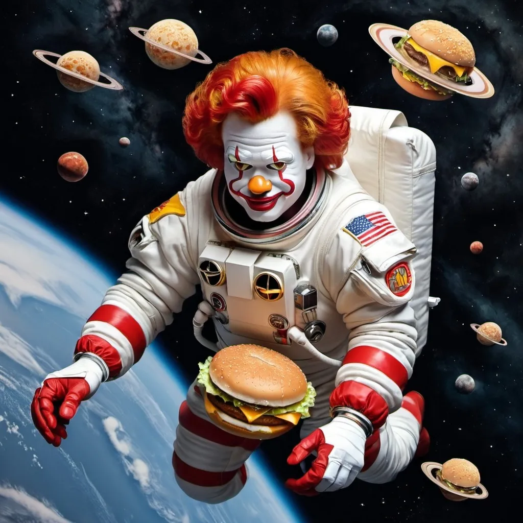 Prompt: Ronald McDonald as an astronaut flying a big Mac through the universe