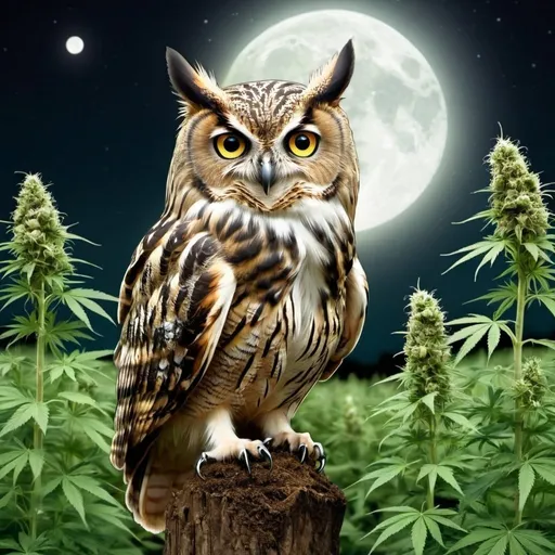 Prompt: An owl in a field of budding marijuana under moonlight 