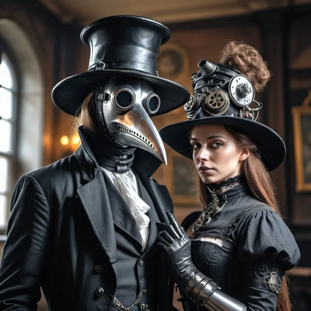 Prompt: A plague doctor in black and a beautiful female cyborg from  the 1890s HDR UDH 64K