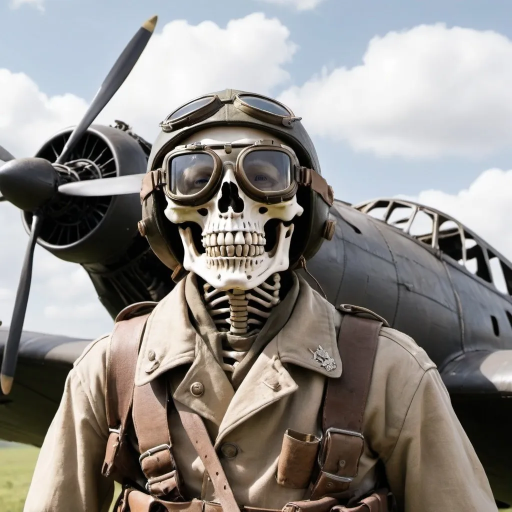 Prompt: A skeleton with goggles in an open air WW2 bomber