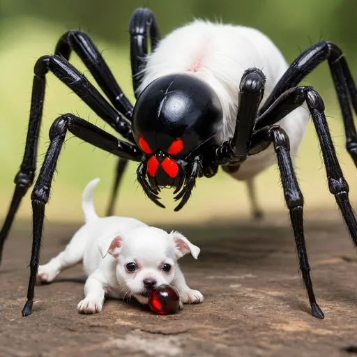 Prompt: In a web, A giant black widow spider eats a small white dog