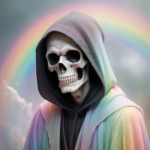 Prompt: Dreamy pastel portrait, grim reaper, ethereal atmosphere, rainbow soft focus