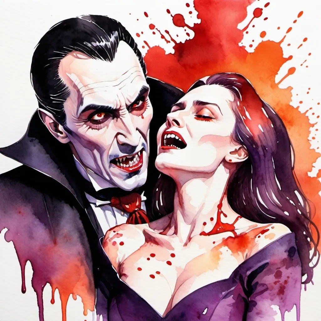 Prompt: A splattery watercolor of Dracula in fine detail with reds, purples oranges ready to bite a beautiful woman's neck