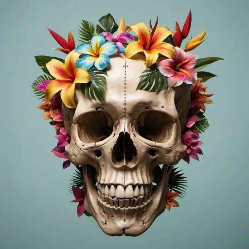 Prompt: A human skull composed of various tropical flowers and dismonds