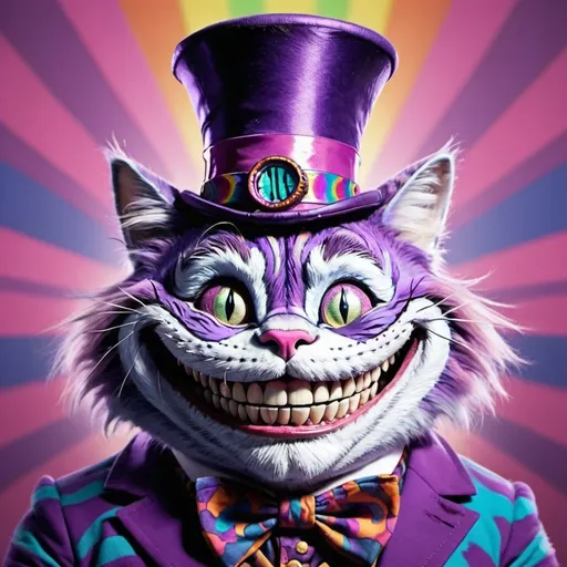 Prompt: The Cheshire cat with huge toothy grin wearing a purple top hat with psychedelic colors 