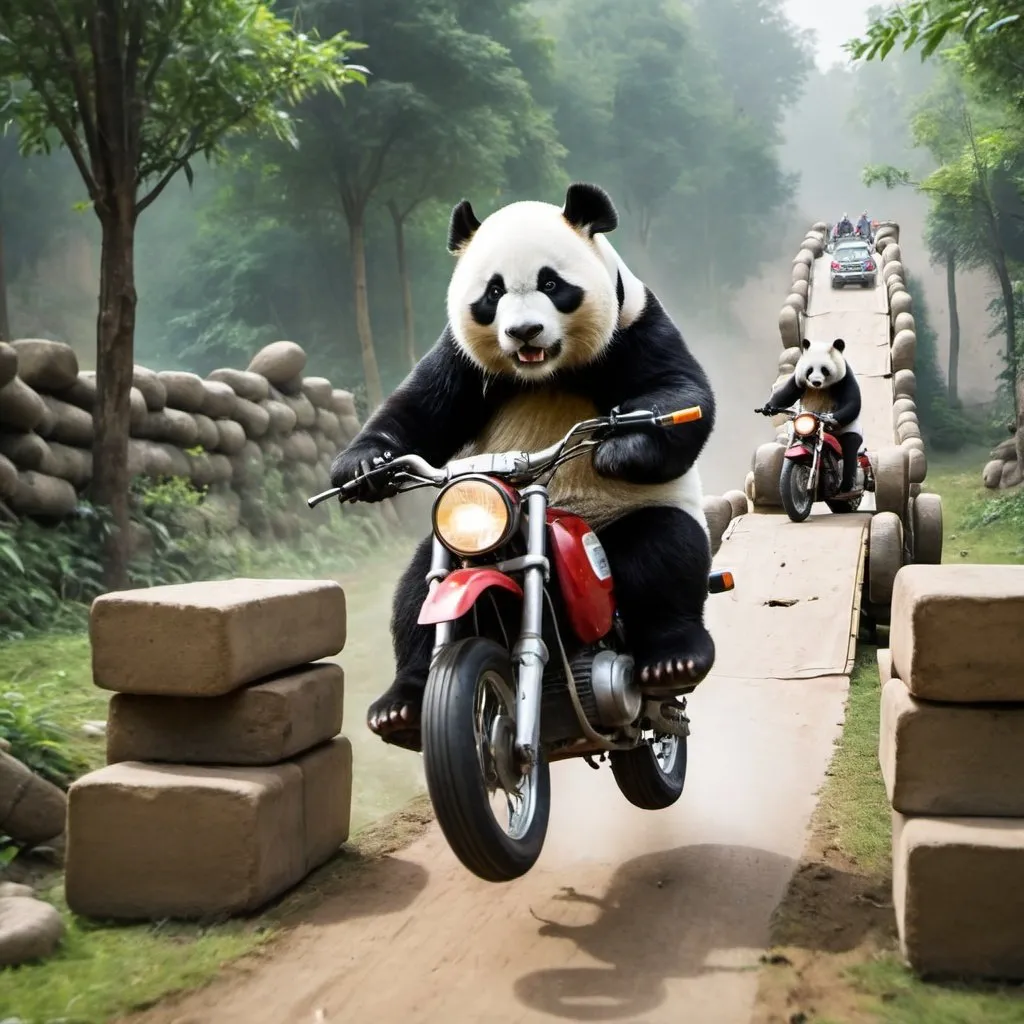 Prompt: A panda rides a motorcycle on an obstacle course 